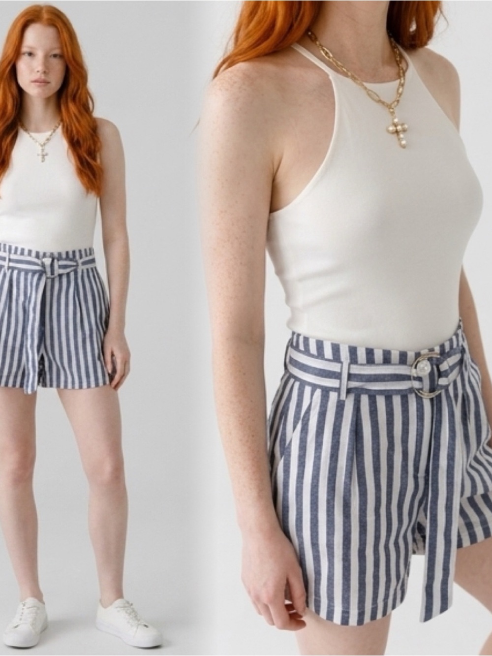 emory park Striped Paperbag Waist Shorts in Navy and White